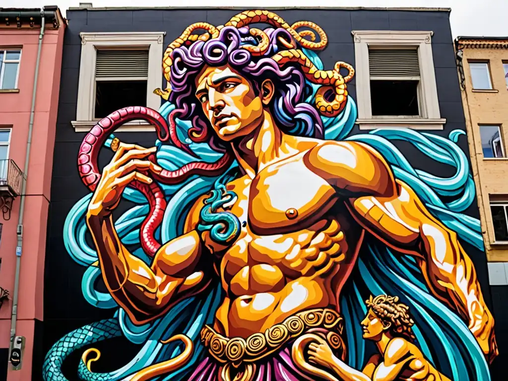 Un mural urbano moderno que representa el mito de Perseo, con colores vibrantes y detalles intrincados que capturan la victoria del héroe sobre la Gorgona