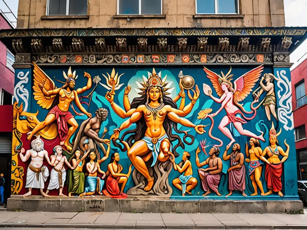 Un mural urbano vibrante fusiona mitos antiguos y temas políticos, rodeado de una multitud diversa