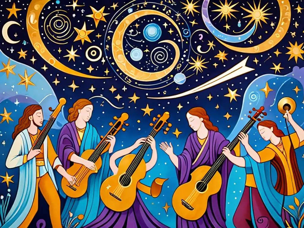 Un mural vibrante que representa seres celestiales antiguos tocando instrumentos en un cosmos de colores celestiales y con una armonía de otro mundo