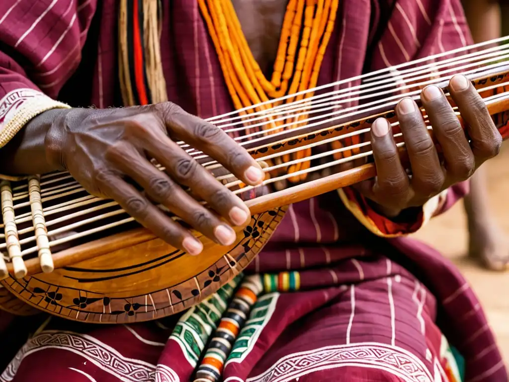 Maestro del kora: Tradición musical Mandinga Un músico habilidoso toca el kora, plasmando la conexión con la música Mandinga