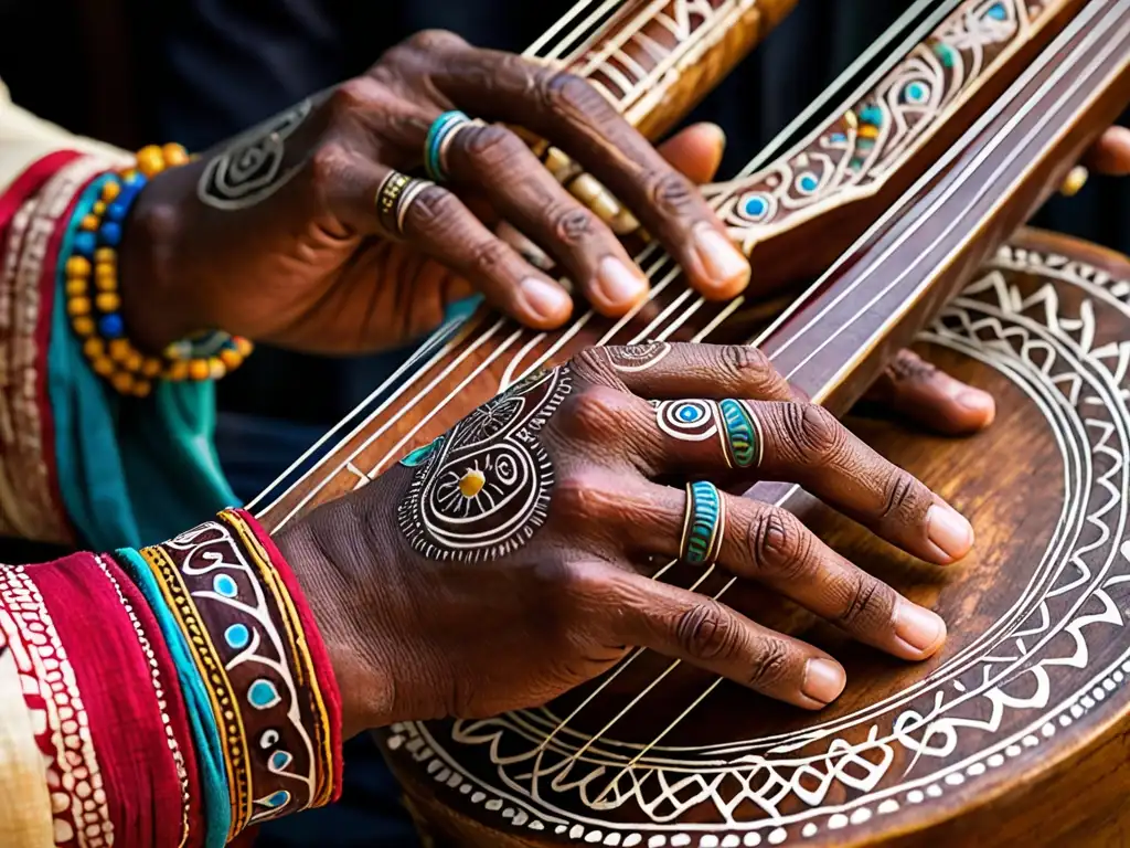 Maestría en Kora: Dedos hábiles y henna vibrante Un músico habilidoso toca con maestría un instrumento musical folklore mandinga, sus manos adornadas con henna