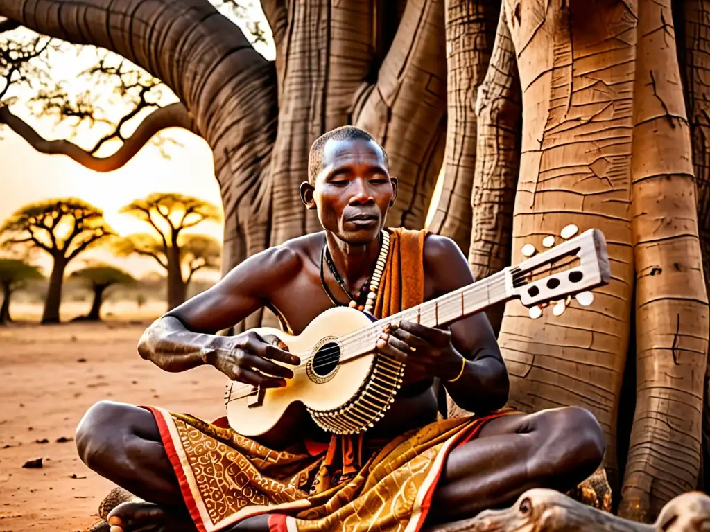 Músico de kora bajo baobab al atardecer Un músico tradicional mandinga toca el kora bajo un baobab al atardecer, evocando la herencia cultural y el arte musical del folklore mandinga
