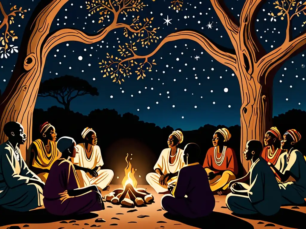 Un narrador africano cautiva a su audiencia bajo un árbol, iluminado por el fuego