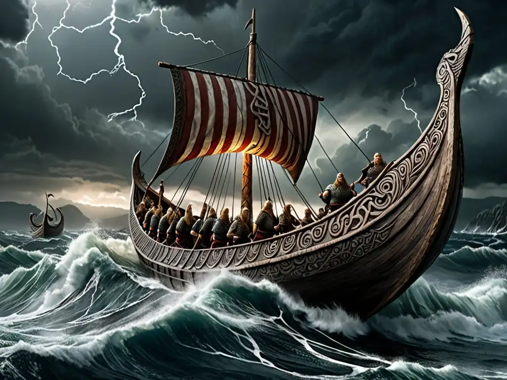 Una nave vikinga surca tormentosas aguas con guerreros y un dragón en la proa, iluminada por relámpagos