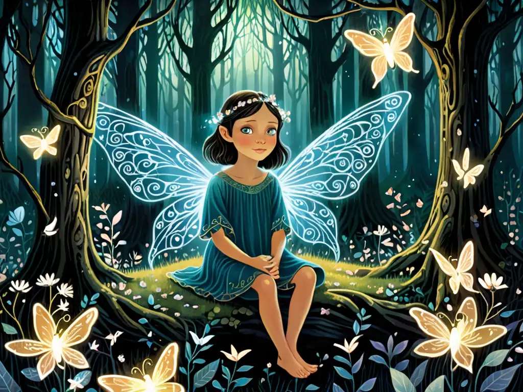 Un niño cambiante en un bosque místico con hadas brillantes