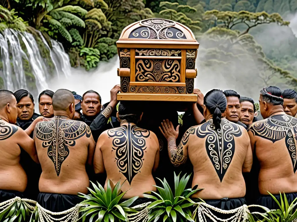 Una procesión fúnebre maorí en Nueva Zelanda, con rostros solemnes y tatuajes intrincados, llevando un ataúd tallado