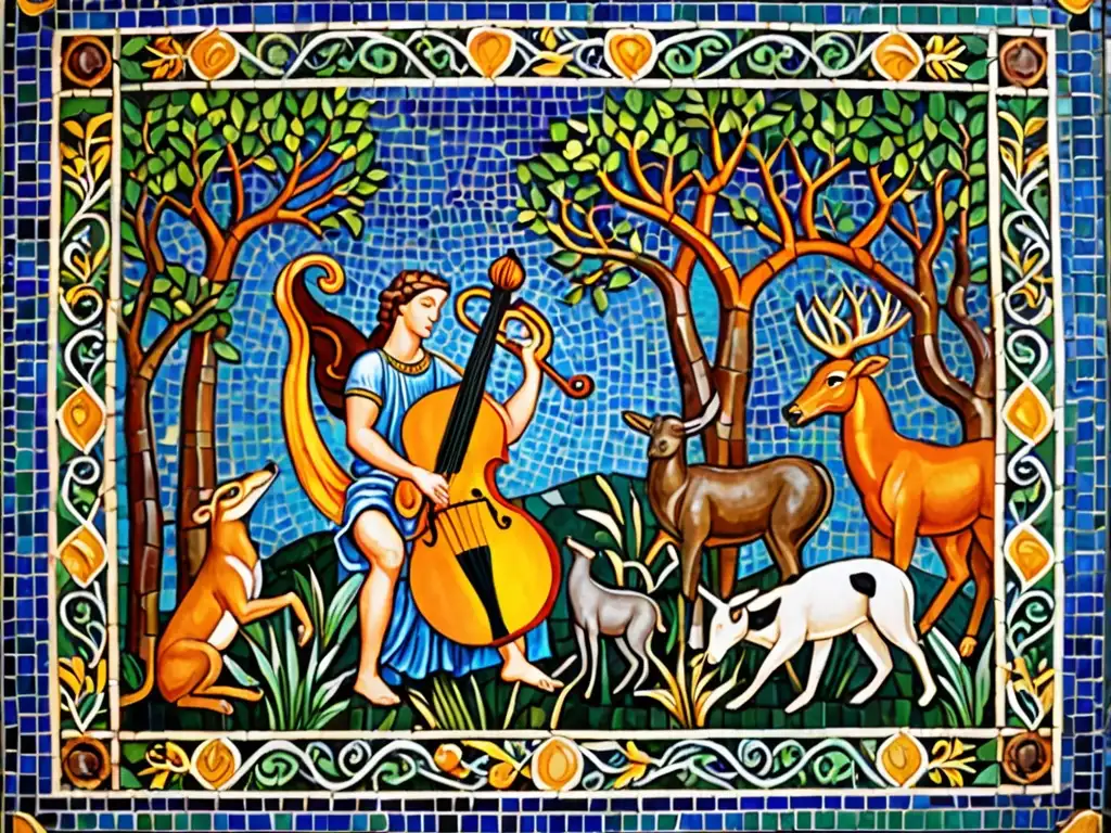 Orfeo encanta a los animales con su música en un mosaico de la antigua Grecia