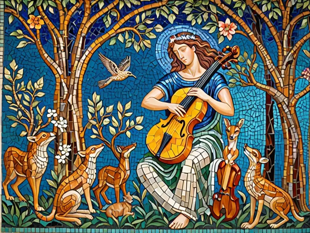 Orfeo encantando la naturaleza con su música en un detallado mosaico de la antigua Grecia
