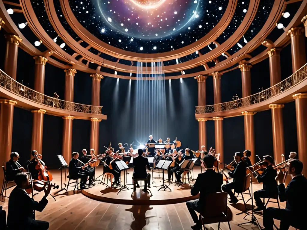Orquesta celestial: músicos contemporáneos bajo una atmósfera mística que fusiona lo moderno con el origen mitológico de la música celestial