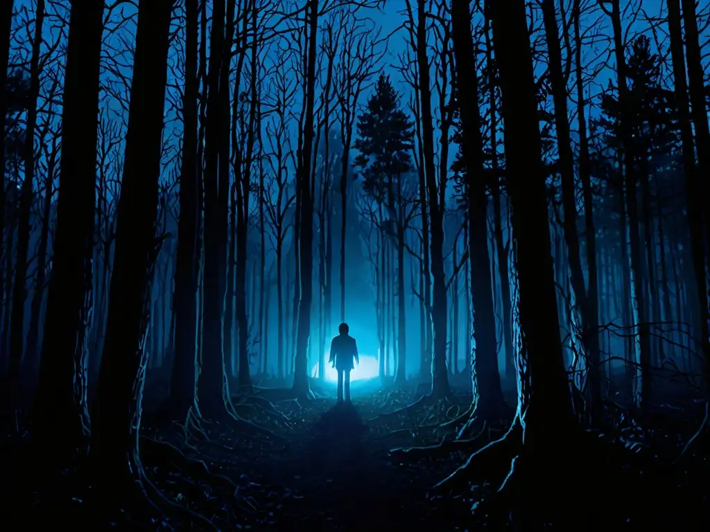 En la oscuridad del bosque, una figura misteriosa con ojos vacíos emite un resplandor azul