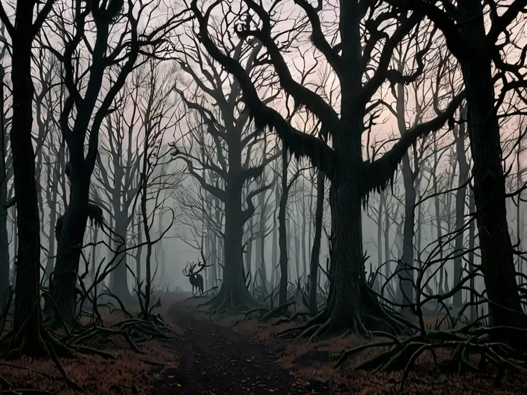 Un oscuro bosque neblinoso al anochecer, con árboles retorcidos y maleza enredada creando una atmósfera inquietante