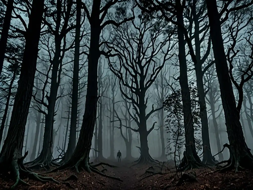 Un oscuro bosque en penumbra, con árboles retorcidos y una espesa niebla entre los troncos