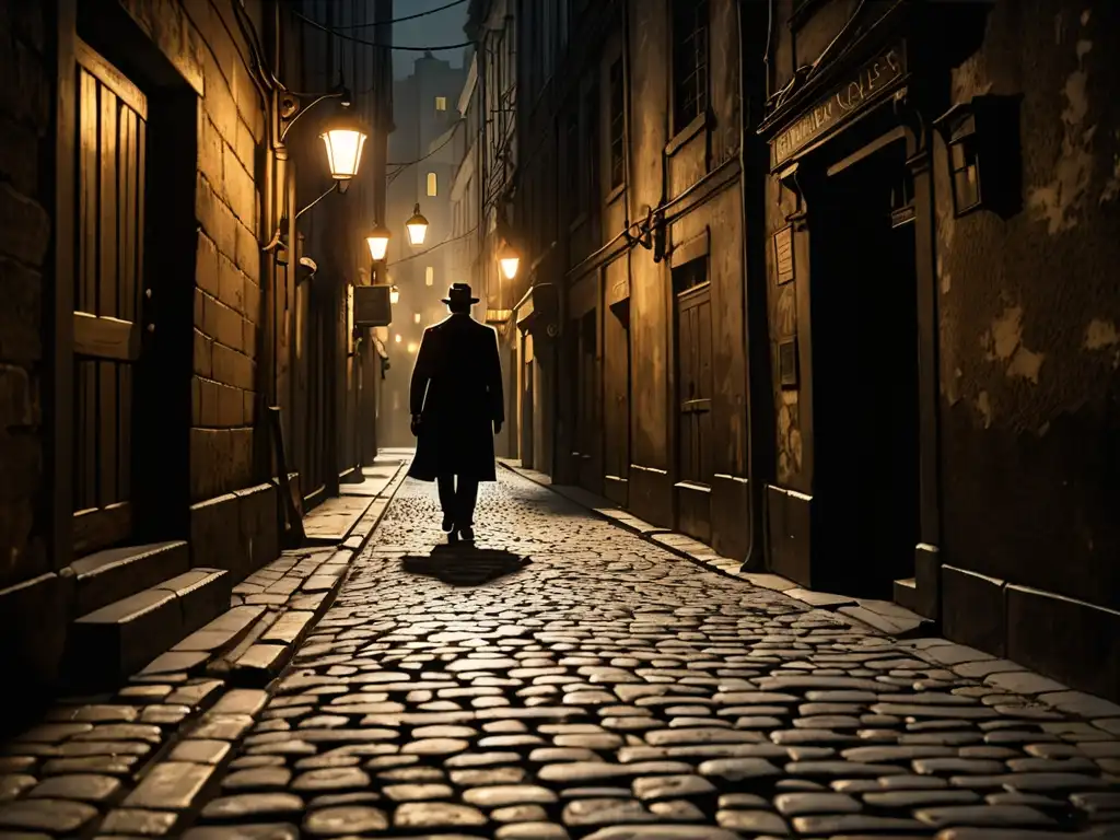 Un oscuro callejón en una bulliciosa ciudad, con figuras misteriosas y murales de mitos y leyendas