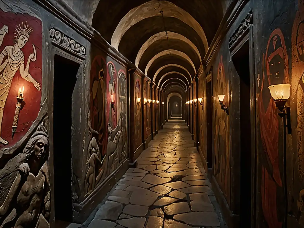 Un oscuro y laberíntico pasillo con antiguos murales de la Divina Comedia, iluminado por antorchas, evocando el viaje al inframundo