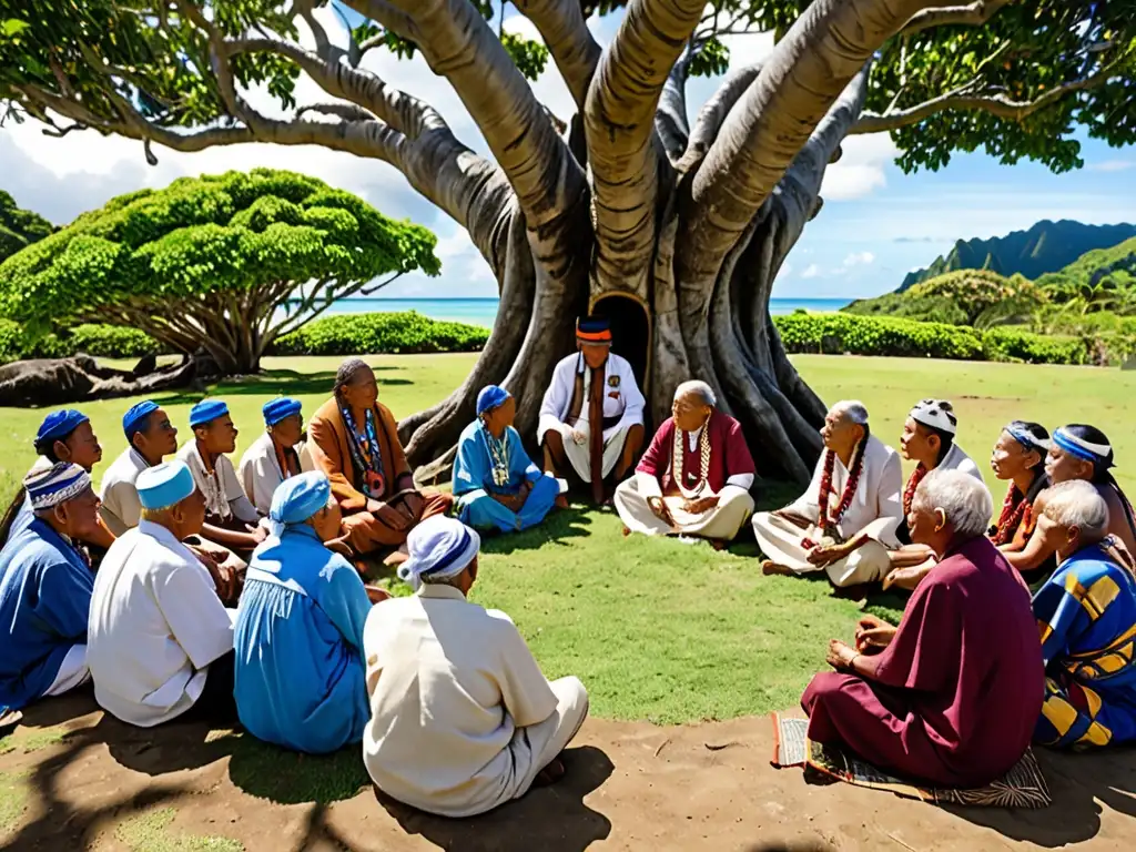 Reunión pacífica de ancianos bajo un árbol antiguo, reflejando la mitología de resolución de conflictos en Oceanía