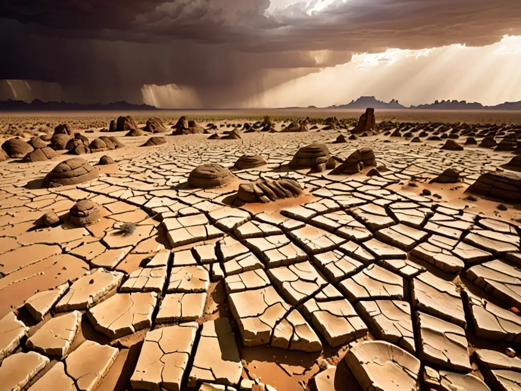 Un paisaje desértico árido y desolado con ruinas antiguas evocando misterio y historia