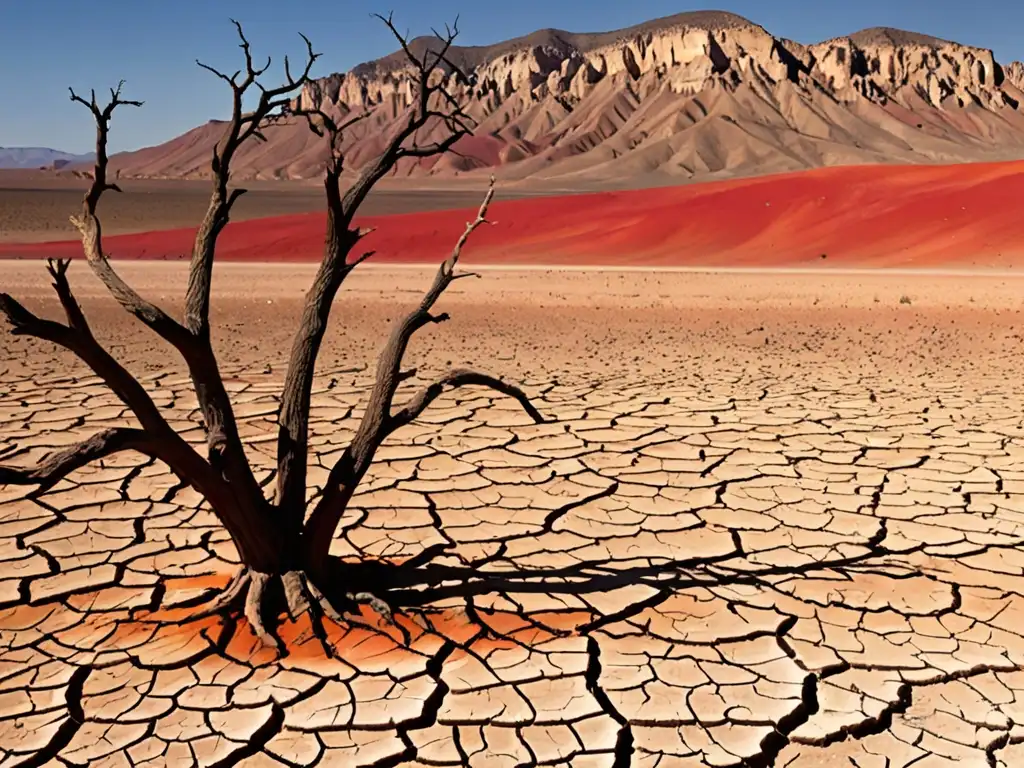 Un paisaje desértico árido y vibrante con tierras rojas y naranjas, un árbol marchito y el sol bajo