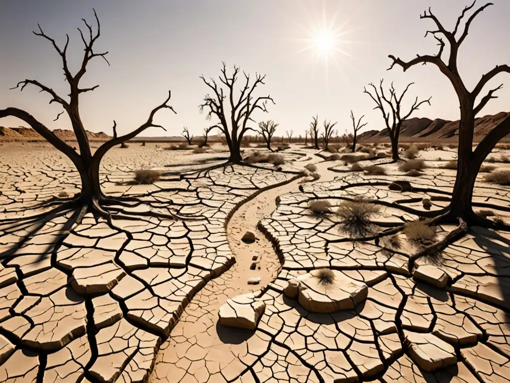 Un paisaje desolado y árido con un lecho de río seco, árboles esqueléticos y un cielo despejado, evocando mitos de sequía y maldiciones