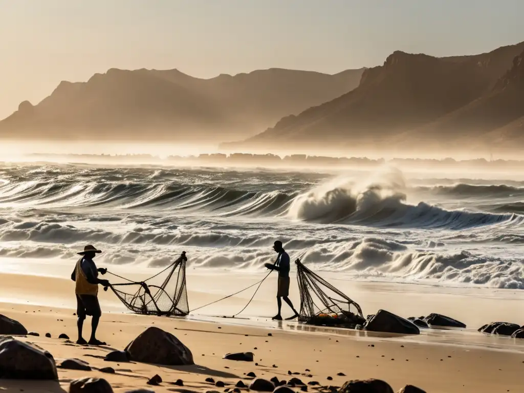 Un paisaje impresionante de la costa escarpada de Namibia, con olas rompiendo contra la orilla rocosa y una niebla que se asienta en el horizonte