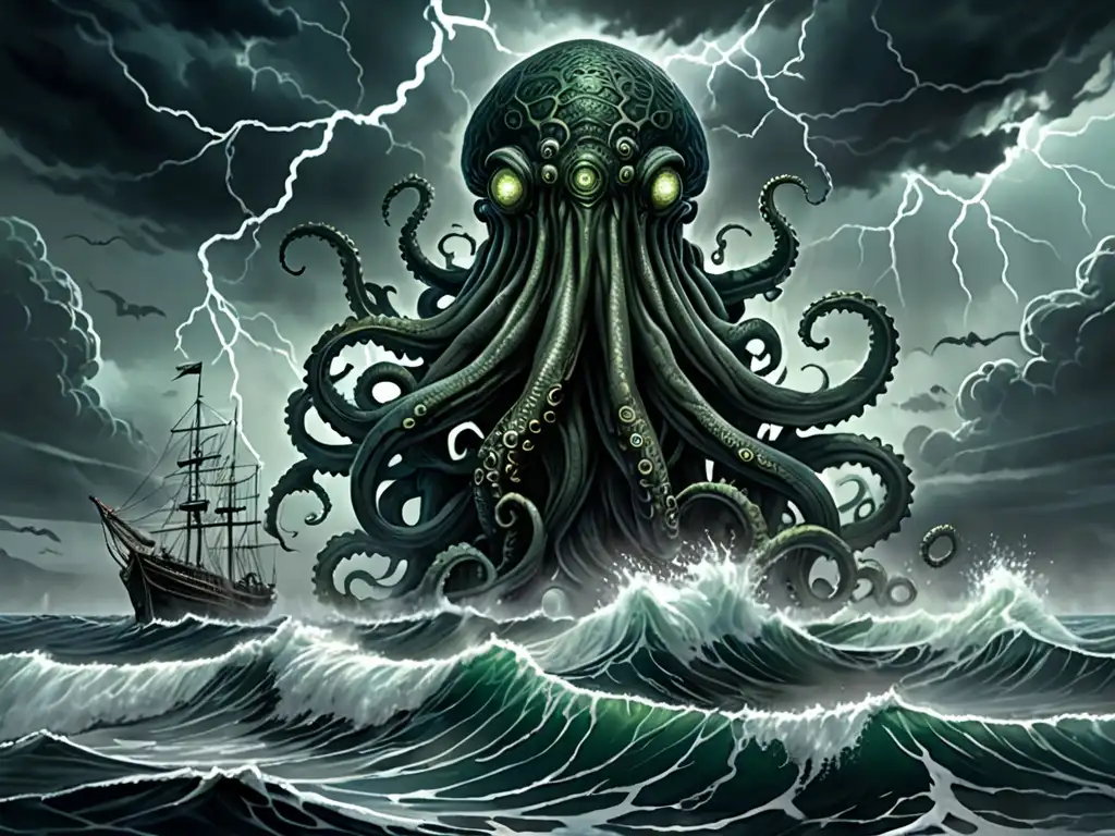Un paisaje marino oscuro y amenazante con arquitectura sobrenatural emergiendo