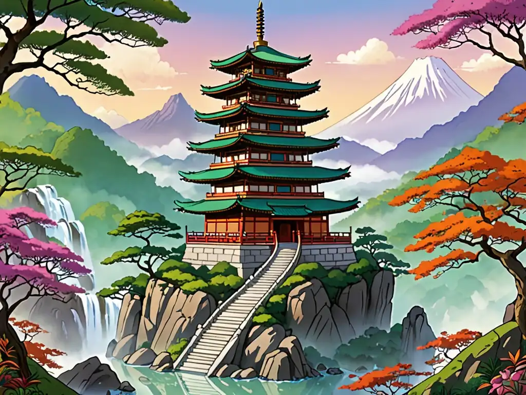 Un paisaje montañoso neblinoso con una pagoda asiática rodeada de exuberante vegetación, evocando la serenidad y la filosofía asiática en Avatar