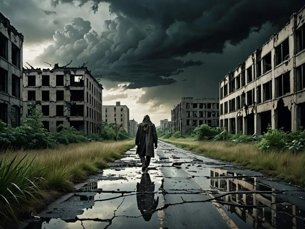 Un paisaje urbano desolado con edificios en ruinas y vegetación desbordante bajo un cielo ominoso