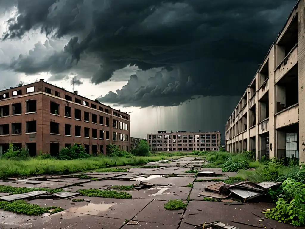 Un paisaje urbano desolado y abandonado, con edificios en ruinas, vegetación exuberante y un cielo tormentoso