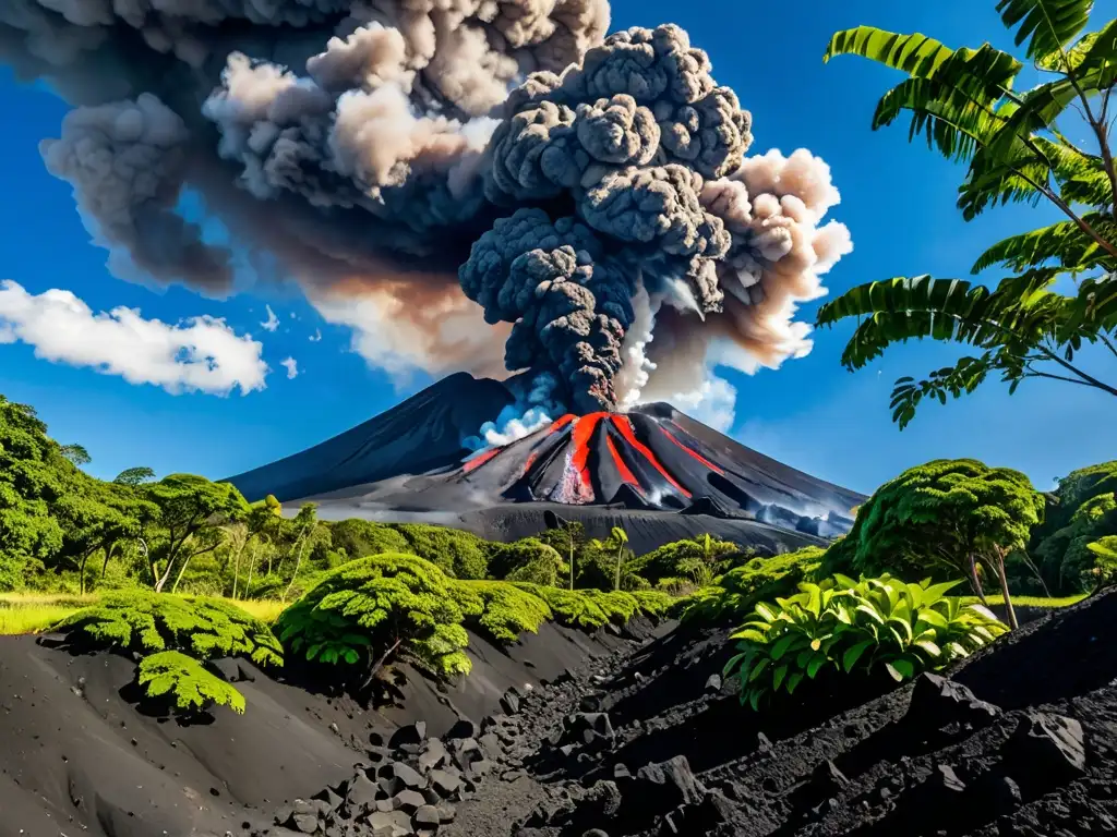 Un paisaje volcánico con un majestuoso volcán activo expulsando ceniza y humo, rodeado de exuberante vegetación y un cielo azul vibrante