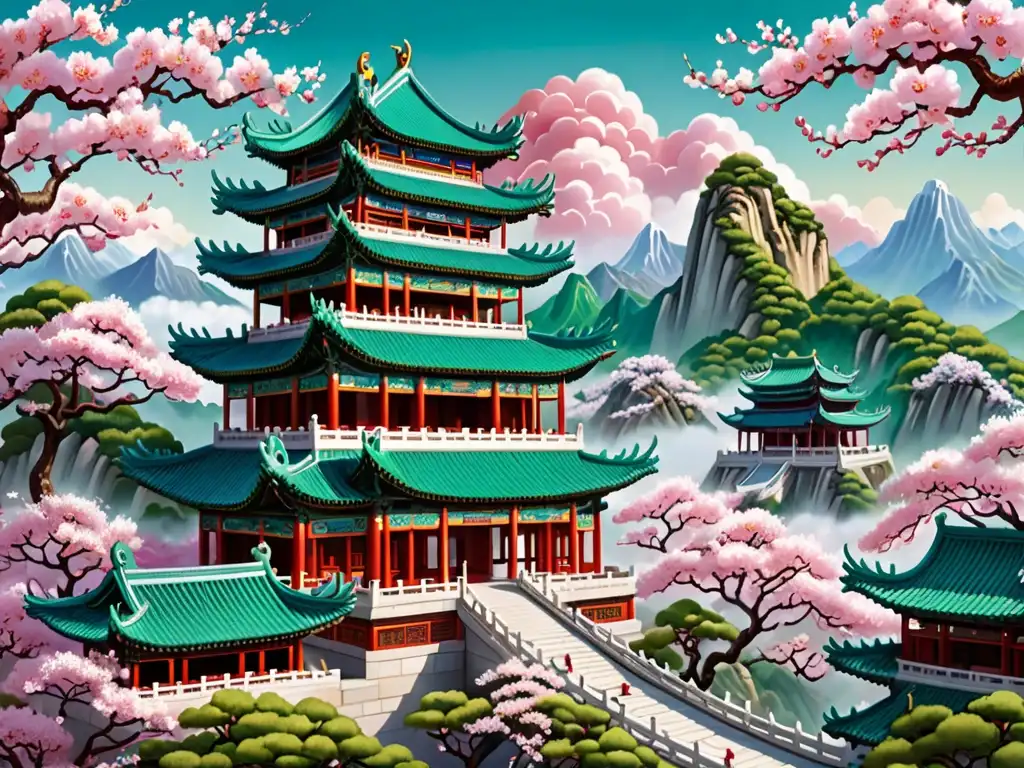 Palacio de jade majestuoso en las montañas, con dragones, cerezos y una atmósfera mística que evoca la mitología y cosmología china