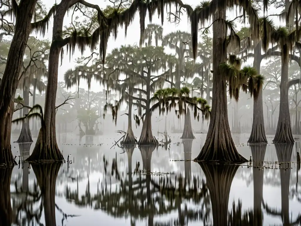 Un pantano brumoso con cipreses reflejados en agua oscura, musgo español creando una escena misteriosa y atmosférica