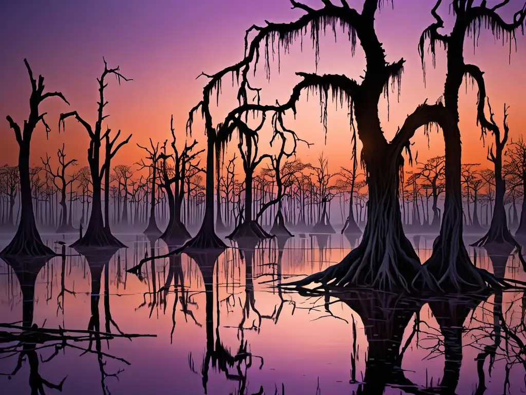 Un pantano misterioso al atardecer, con árboles retorcidos emergiendo de aguas turbias