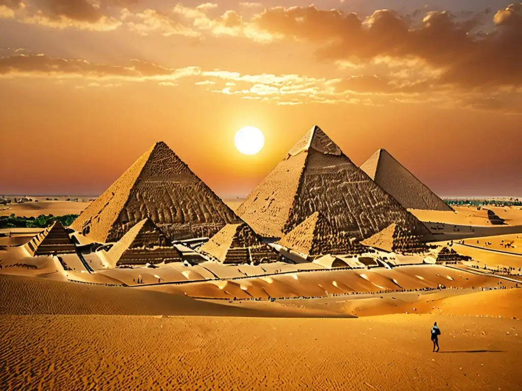 El Panteón de Deidades del Antiguo Egipto: detalle de las pirámides de Giza al atardecer, con sombras dramáticas y jeroglíficos