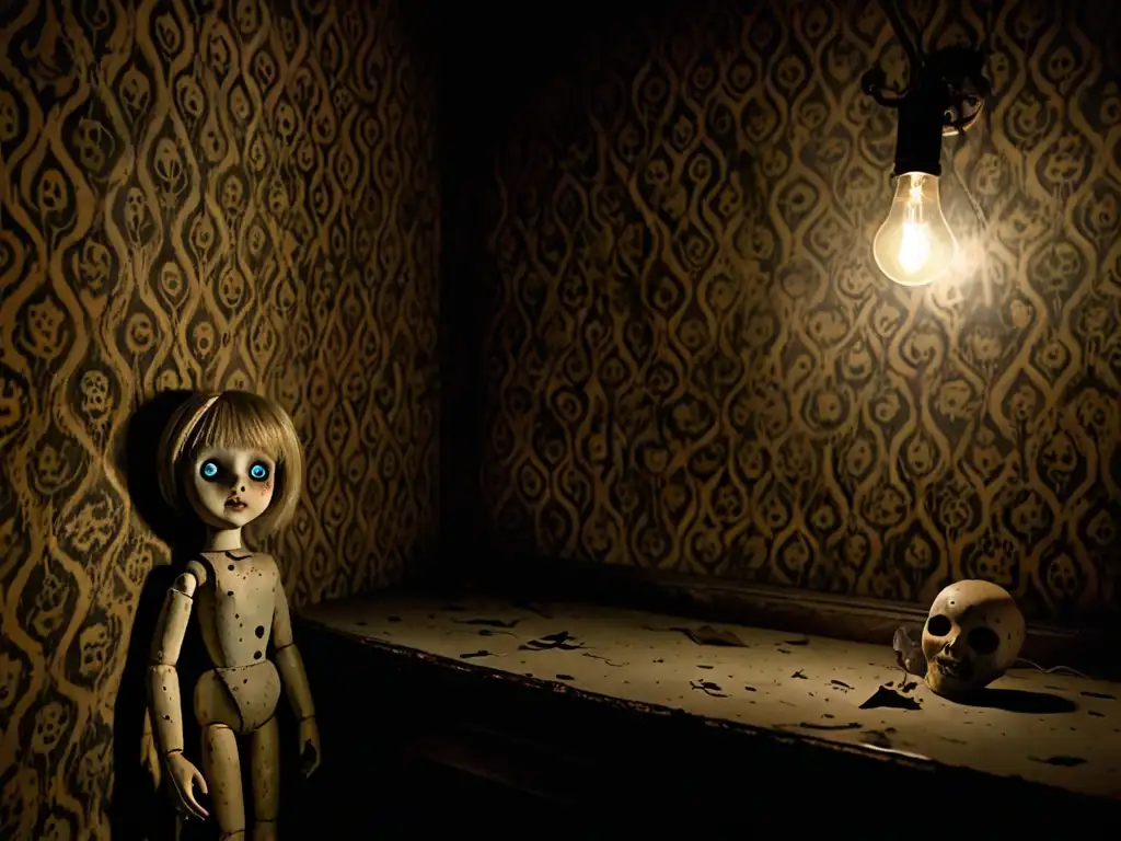 Una habitación lúgubre con papel pintado desprendido y una sola bombilla parpadeante, proyectando sombras amenazadoras