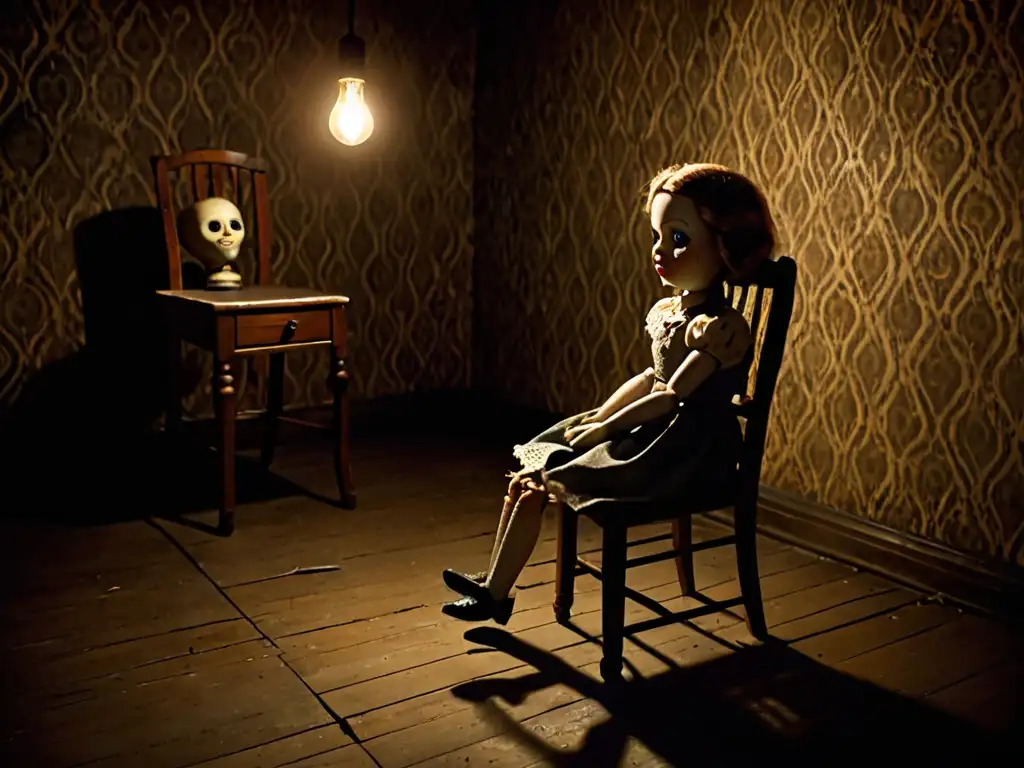 Una habitación lúgubre con papel tapiz descascarado y una sola bombilla parpadeante