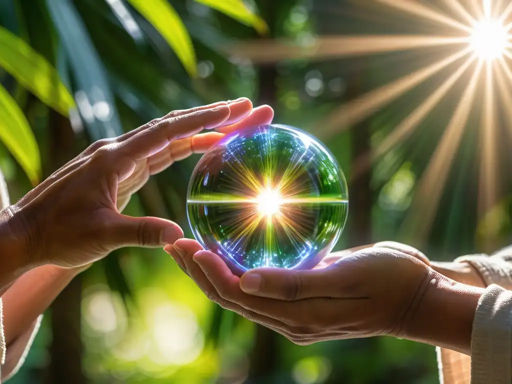 Un par de manos sostienen suavemente una bola de energía brillante, rodeadas de luz suave