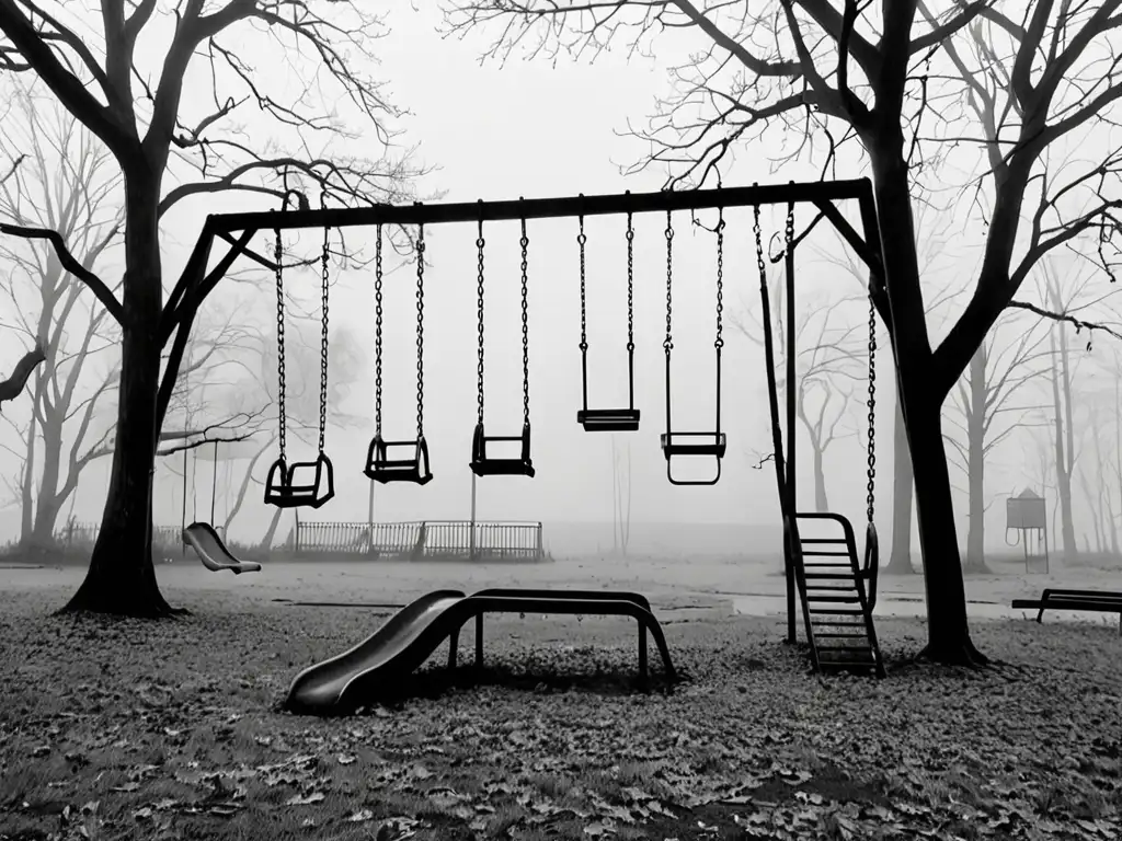 Un parque infantil abandonado y cubierto por la niebla, evocando una sensación de desolación