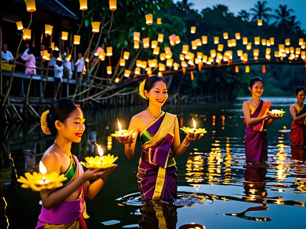 Participantes del Festival Loy Krathong Tailandia lanzando krathongs al río, vistiendo trajes tradicionales en una celebración colorida y reverente