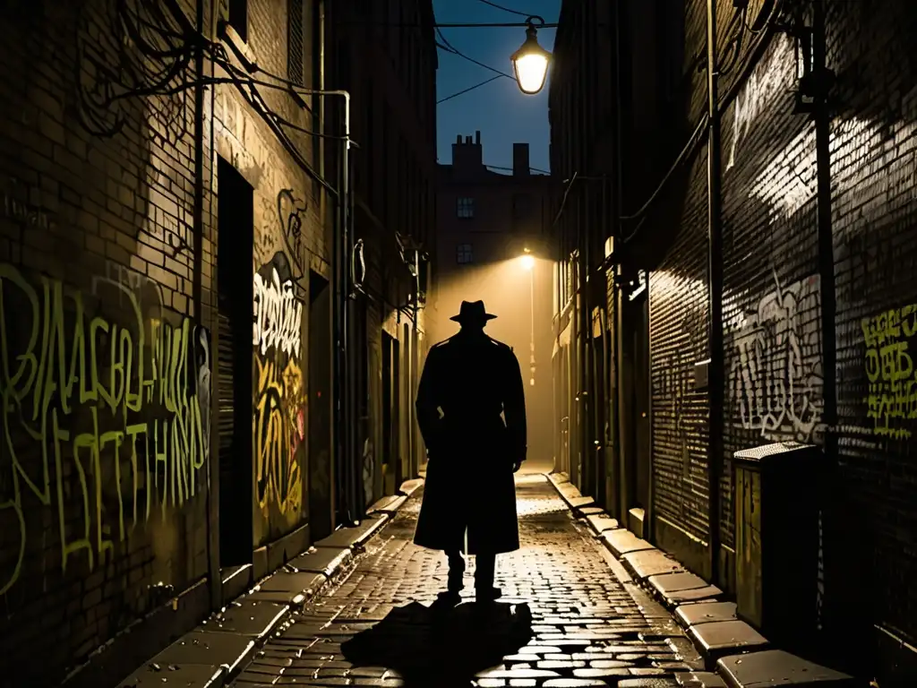 En la penumbra de un callejón, un misterioso personaje bajo una farola, rodeado de grafitis