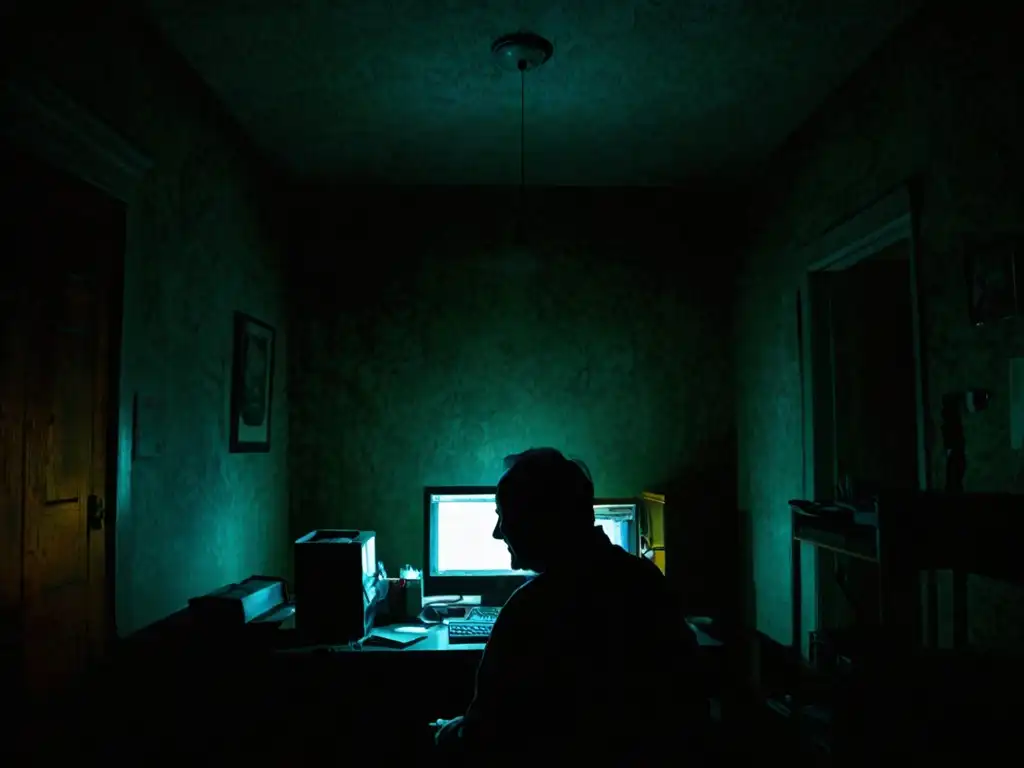 En la penumbra de una habitación, una luz ilumina la pantalla de un ordenador con la leyenda del Hombre Sonriente, generando inquietud