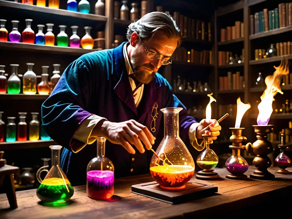 En la penumbra del laboratorio, un alquimista vierte líquidos brillantes entre frascos