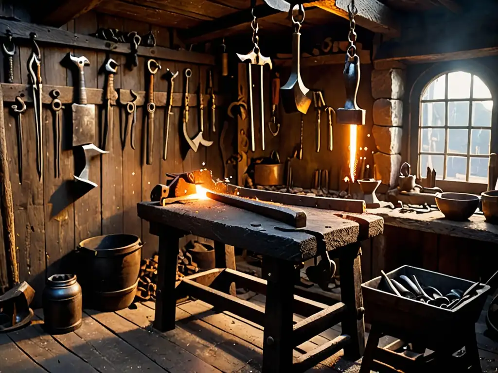 En la penumbra de un taller antiguo, un artesano forja el origen del Mjolnir de Thor, entre el resplandor del fuego y el aroma a metal fundido