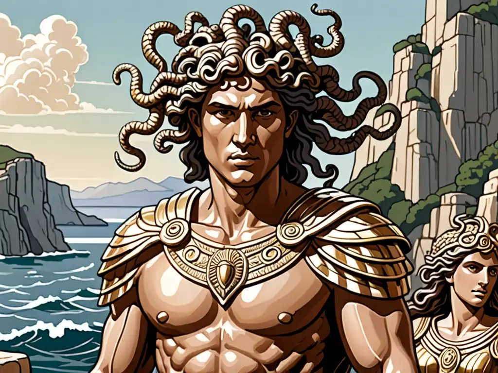 Perseo victorioso sostiene la cabeza de Medusa en un paisaje épico de la antigua Grecia