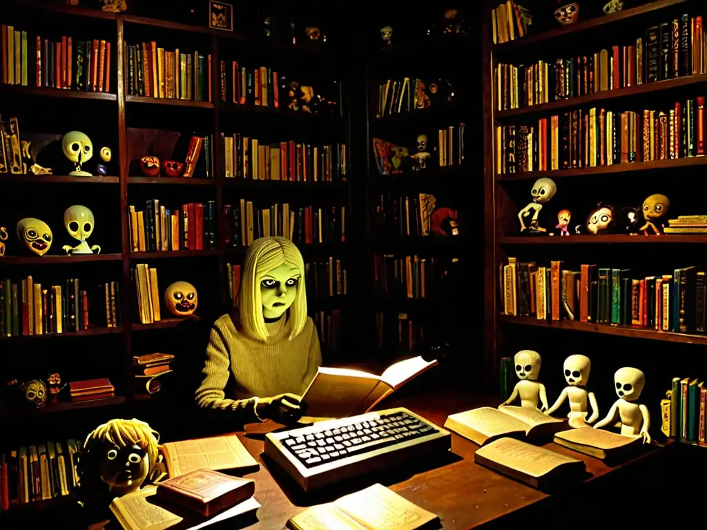 Persona leyendo creepypastas en habitación tenuemente iluminada, rodeada de libros de terror y muñecas vintage