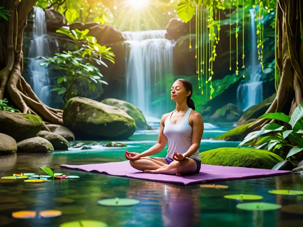 Persona meditando en entorno natural, rodeada de vegetación y agua