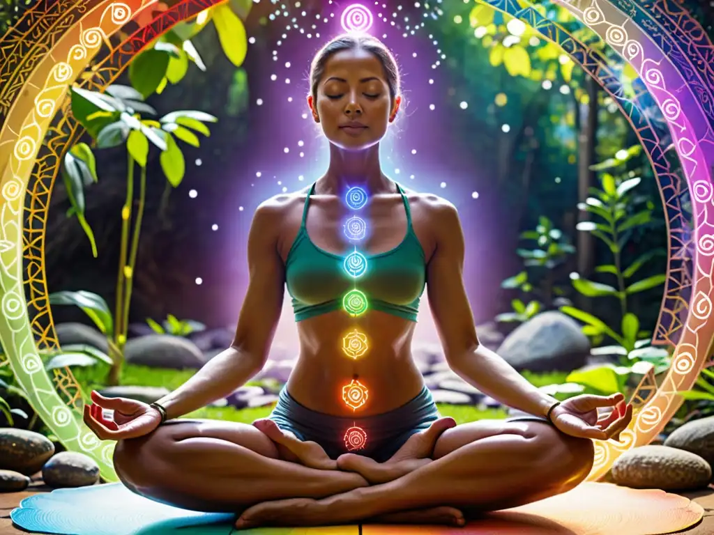 Persona meditando en entorno natural, rodeada de chakras coloridos