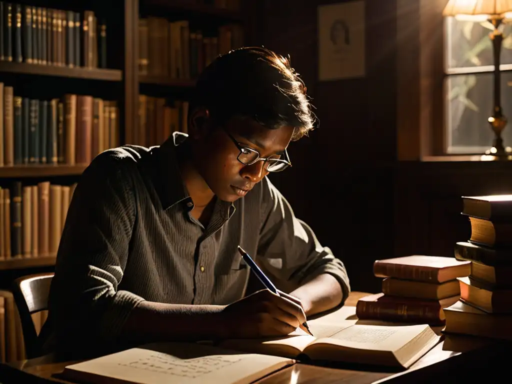 Persona reflexiva analizando diagrama de símbolos animales y su impacto psicológico, rodeada de libros en una habitación tenue