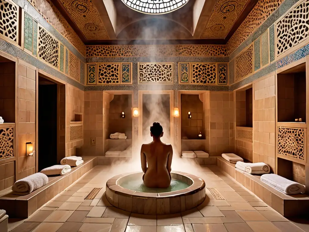 Persona reflexiva en un hammam turco, rodeada de azulejos y vapor, disfrutando de los beneficios espirituales del baño turco