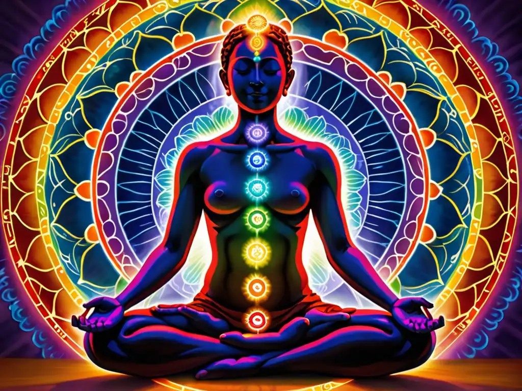 Persona en meditación rodeada de energía vibrante de los siete chakras, transmitiendo paz y armonía