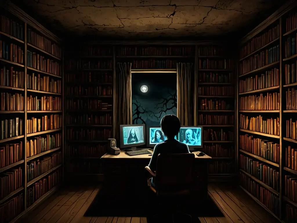 Persona leyendo creepy story en cuarto tenuemente iluminado, rodeado de arte y libros sobre creepypastas