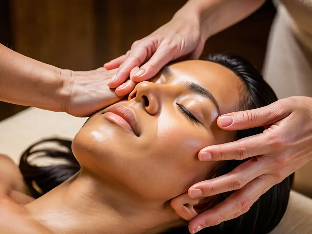 Persona recibiendo terapia de Reiki, con manos del practicante emanando luz cálida